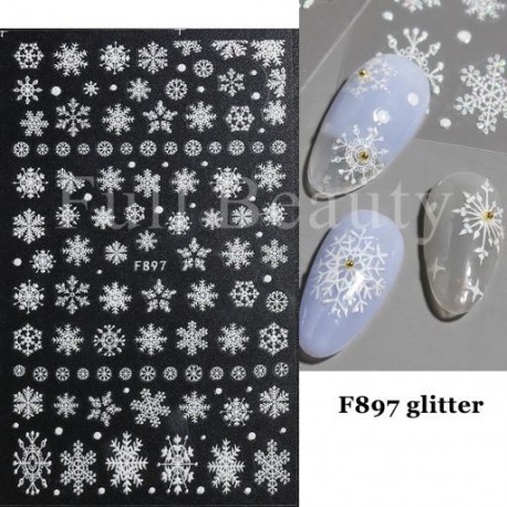 Szín: F897 Glitter - 3D Nail Art matricák Fehér hópelyhek Díszek Csúsztatók Körömhöz Karácsony 2022 Star Design