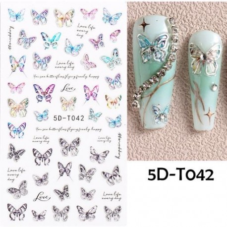 Szín: 5D-T042 - 5D dombornyomott pillangós körömmatricák színátmenet színes pillangós női arc köröm matrica nyári