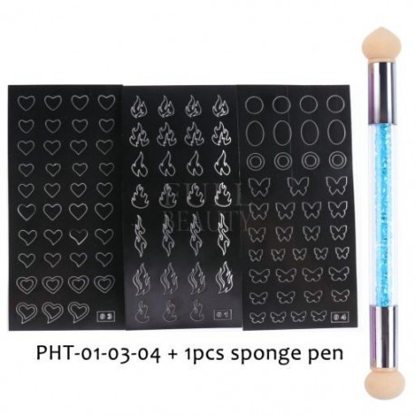 Szín: PHT-01-03-04 Szivacs - Köröm Airbrush Stencil Szett szivacs tollal Szív Pillangó Láng Airbrush sablonok Üreges