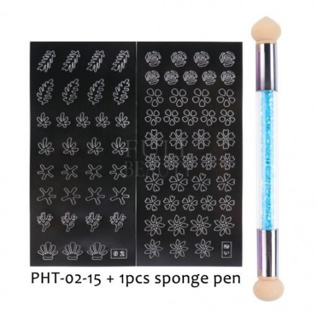 Szín: PHT-02-15 Szivacs - Köröm Airbrush Stencil Szett szivacs tollal Szív Pillangó Láng Airbrush sablonok Üreges