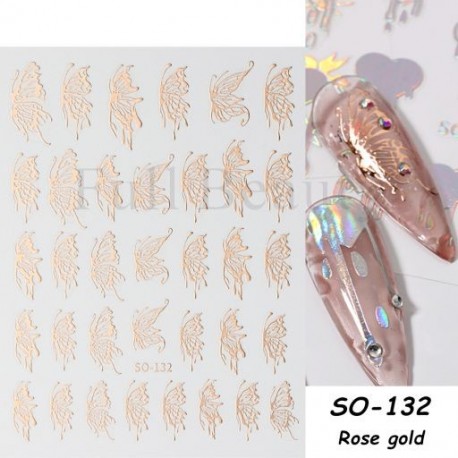 Szín: SO-132 Rose Gold - Lézeres pillangó matricák körmökhöz szuper fényes csillogó 3D láng varjú szív hópehely
