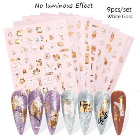 Szín: CJ028-036 White Gold - 9db/Szett Világító hatású körömmatricák Pillangó virágos levél dizájn tavaszi