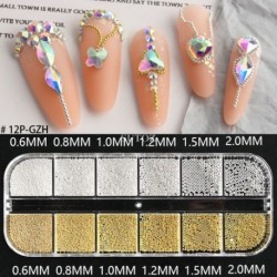 Szín: 12P-GZH - 12Rácsos Nail Art Mini Fém Gyöngyök Arany Ezüst Apró Rozsdamentes Acél Kaviár Gyöngyök 0,6-2,0mm 3D