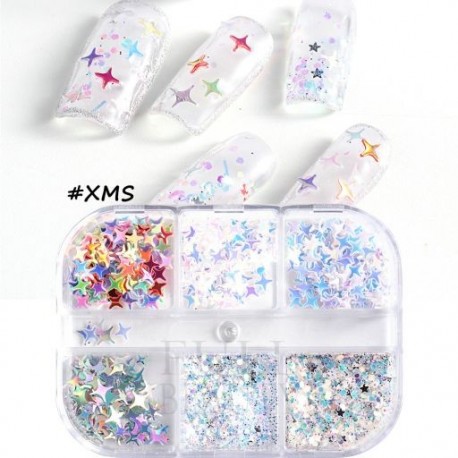 Szín: 6 Grids-XMS - Csillag Holografikus köröm flitterek Szivárvány Mix Hatszögletű köröm csillámos nyári dekoráció