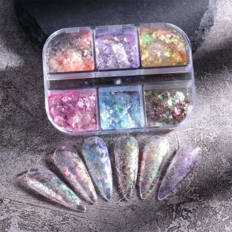 Szín: 6 Rács-OB - Csillag Holografikus köröm flitterek Szivárvány Mix Hatszögletű köröm csillámos nyári dekoráció