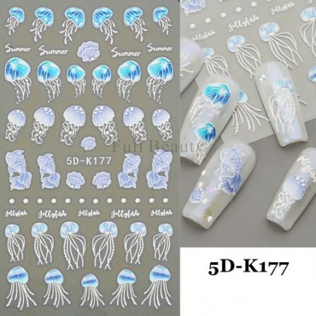 Szín: 5D-K177 - 5D Medúza Körömmatricák Tengeri Állat dekoráció Nyári Beach Hullám Körömmatricák Márvány