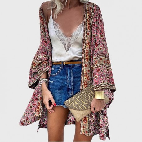 Szín: rózsaszín - Női laza nyomtatású borító felsők nyári alkalmi boho kabát kendő kimonó kardigán felsők