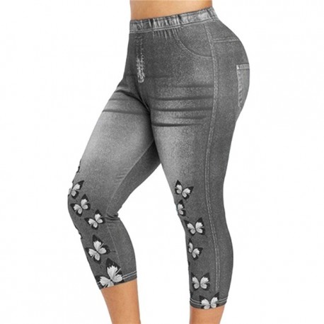 Szín: Szürke - Női leggings nadrág, sztreccs, rövid utánzat farmer pillangós mintás alkalmi nyári nadrág, új, magas