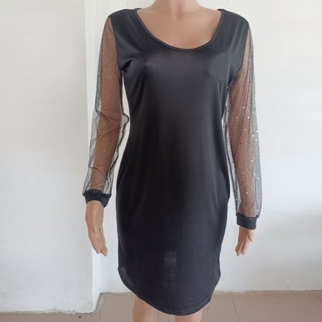 Fekete szín - Elegáns vintage mintás flitteres hálós party ruha Női tavaszi nyári ruházat V nyakú szexi alkalmi