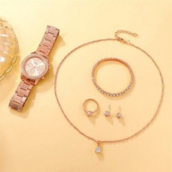Szín: 6 DB Rose Gold készlet - 6 db-os szett Luxus óra Női gyűrű nyaklánc fülbevaló strasszos divat karóra alkalmi