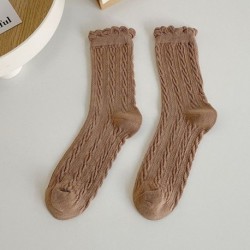 Szín: Khaki - Egyszínű japán divat középső cső zokni női fodros zokni Kawaii Lolita irodalmi retro vintage zokni tavasz
