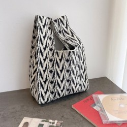 Fekete szín - Egyszerű japán kötött táska, nagy kapacitású kockás női kézitáska, divat, szőtt vásárlói