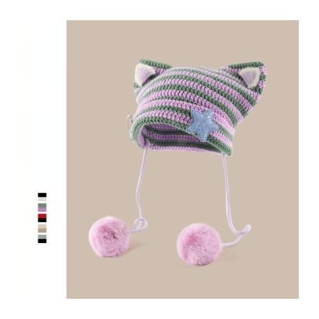 Szín: B-lila - Y2k macskafül hajgolyó sapkák kalap japán punk gótikus kis ördög szarvak csíkos kötött sígyapjú