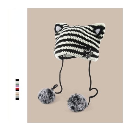 Szín: B-fekete - Y2k macskafül hajgolyó sapkák kalap japán punk gótikus kis ördög szarvak csíkos kötött sígyapjú