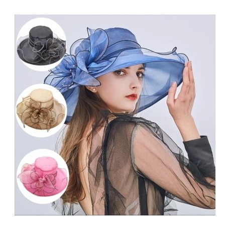 Szín: Rózsa vörös - Elegáns virágos organza fodrok széles karimájú napkalap női nyári esküvői fejfedő Beach Church