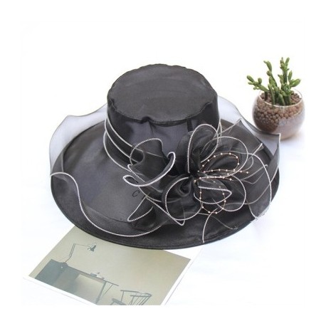 Fekete szín - Elegáns virágos organza fodrok széles karimájú napkalap női nyári esküvői fejfedő Beach Church Derby
