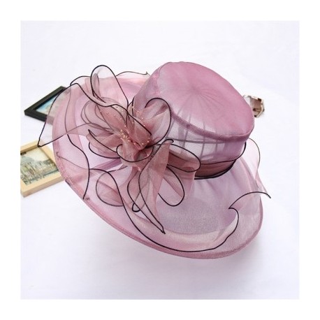 Szín: lila - Elegáns virágos organza fodrok széles karimájú napkalap női nyári esküvői fejfedő Beach Church Derby