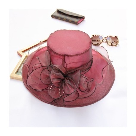 Szín: borvörös - Elegáns virágos organza fodrok széles karimájú napkalap női nyári esküvői fejfedő Beach Church