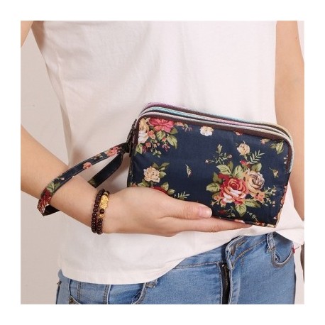 Szín: fekete virág - Háromrétegű cipzáras hosszú női vízálló nylon színes nyomtatott szövet karkötő táska érme