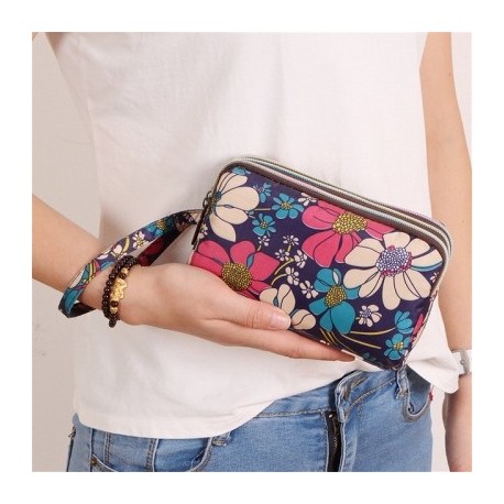 Szín: Kék nyomott - Háromrétegű cipzáras hosszú női vízálló nylon színes nyomtatott szövet karkötő táska érme