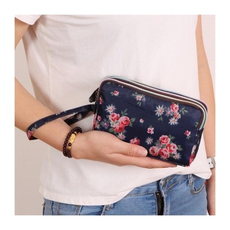 Szín: Kék rózsa - Háromrétegű cipzáras hosszú női vízálló nylon színes nyomtatott szövet karkötőtáska érme