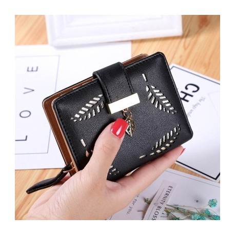 Fekete szín - Női pénztárca, rövid cipzáras pénztárca, női bőr luxusmárka, kivágott levélcsat kis érme pénztárca