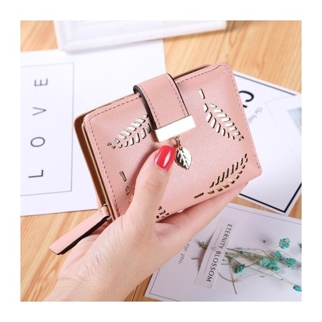 Szín: rózsaszín - Női pénztárca, rövid cipzáras pénztárca, női bőr luxusmárka, kivágott levélcsat, kis érme