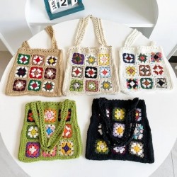 Szín: zöld-33x31cm - Női Boho Szövött Tote Nyári Strand kézitáska Virágos kézzel készített szövés válltáskák