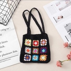 Szín: fekete-33x31cm - Női Boho Szövött Tote Nyári Strand kézitáska Virágos kézzel készített szövés válltáskák