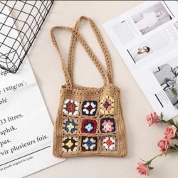 Szín: Khaki-33x31cm - Női Boho Szövött Tote Nyári Strand kézitáska Virágos kézzel készített szövés válltáskák