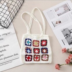 Szín: fehér-33x31cm - Női Boho Szövött Tote Nyári Strand kézitáska Virágos, kézzel készített szövés válltáskák