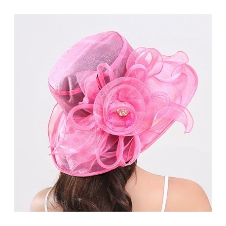 Szín: Rózsa piros-A - Női organza hálós sapka fodrok széles karimájú nyári menyasszonyi napsapka francia Európa és