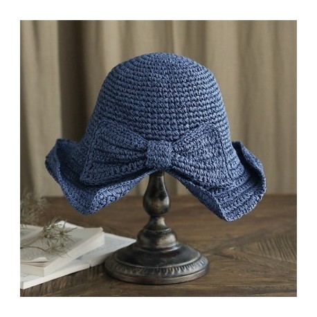 Szín: sötétkék - Kisméretű, hasított szalmakalap női nyári napvédő napernyő sapka masni panama vödörsapka