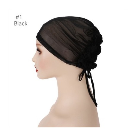 Fekete szín - Légáteresztő mez muszlim belső sapka nyúlik vékony hidzsáb kötéllel állítható női tömör iszlám