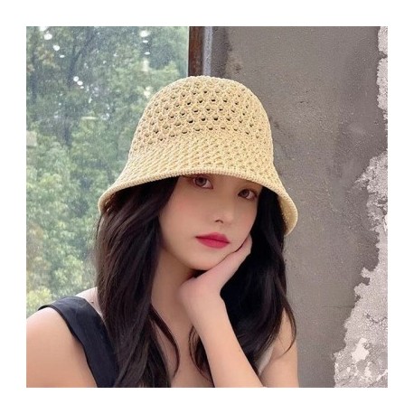 Szín: bézs - Vödörsapka Női, széles karimájú, kézzel készített horgolt floppy felső napsapkák üreges horgászsapka
