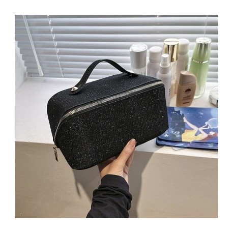 Fekete szín - Nagy kapacitású sminktáska PU bőr kozmetikai táska Hordozható utazási lemosó piperecikkek szervezőtasak