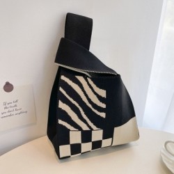 Fekete szín - Niche sakktáblás kötött mellény kézitáska Boho táska alkalmi válltáska Mini kockás csomós