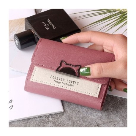 Szín: Sötét rózsaszín - Női Rövid pénztárca Aranyos macska fül, bőr kis érme pénztárca zseb Luxus márka Lady