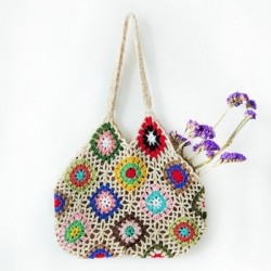 Szín: Khaki - Női válltáska virágos horgolt nagy kapacitású kötött bevásárlótáska, kézzel készített Boho Vintage