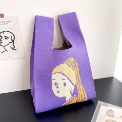 Szín: sárga - 35x20 cm - Lány figura mintás kötött kézitáska Divatos kézzel készített női válltáska