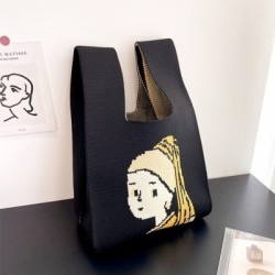 Szín: fekete-35x20cm - Lány figura mintás kötött kézitáska Divatos kézzel készített női válltáska
