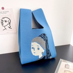 Szín: kék - 35x20 cm - Lány figura mintás kötött kézitáska Divatos kézzel készített női válltáska