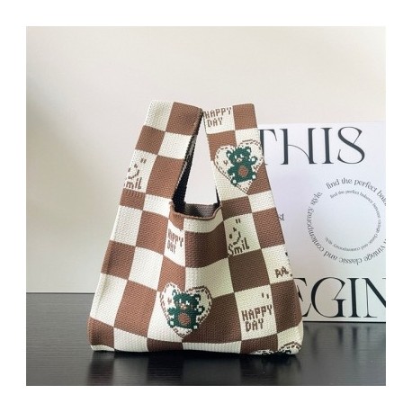 Szín: rózsaszín - Új japán sakktáblás kézitáska Love Happy Bear kötött táska édes lány csuklótáska ünnepi