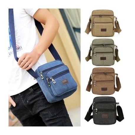 Szín: Fekete Szürke - Retro férfi táska vászon válltáska állítható pánttal, több zsebbel Messenger Crossbody táska