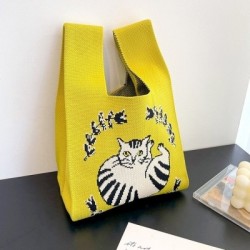 Szín: sárga - 35x20 cm - Nyári aranyos macska kötött kézitáska divat, kézzel készített női lányok válltáska