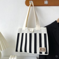 Szín: 5 - Vintage kötött, stílusos csíkos kézitáska közepes méretű felső fogantyús táska japán koreai Harajuku