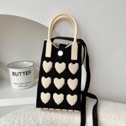 Szín: fekete bézs - Kézzel készített kötött kézitáska Love Heart Women Crossbody Mobiltelefon Válltáska Kis táskák