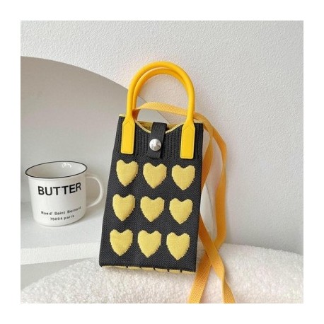 Szín: Szürke Sárga - Kézzel készített kötött kézitáska Love Heart Women Crossbody Mobiltelefon Válltáska Kis