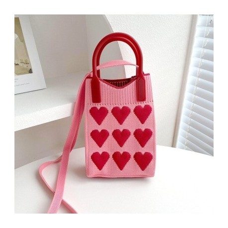 Szín: rózsaszín-piros - Kézzel készített kötött kézitáska Love Heart Women Crossbody Mobiltelefon Válltáska Kis