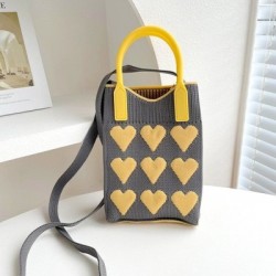 Szín: szürke-sárga - Kézzel készített kötött kézitáska Love Heart Women Crossbody Mobiltelefon Válltáska Kis